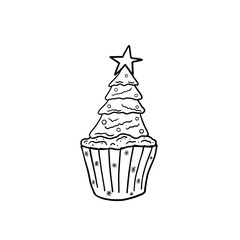 Muffin with cream and Christmas tree decoration. Monochrome illustration on a white background. Holiday cupcake for coloring. 