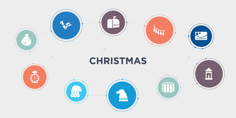 christmas 10 points circle design. christmas christmas bag, clock, girl, hat round concept icons..