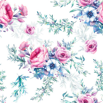 Watercolor vintage floral seamless pattern. Hand painted repeating texture with bouquets of flowers on white background: peony, roses, anemone, eucalyptus, leaves, berries and branches.