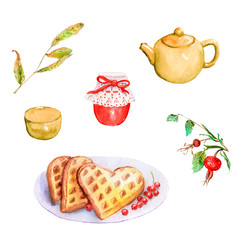 watercolor set - home comfort, baking waffles, tea, jam
