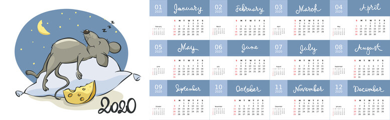 Calendar 2020 / Vector illustration to the year of the rat, template 