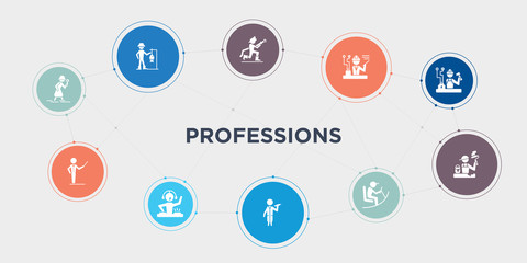 professions 10 points circle design. detective, director, dj, doctor round concept icons..