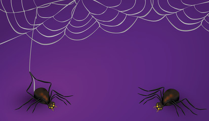 Violette Karte mit Spinnennetz von oben und zwei Spinnen.