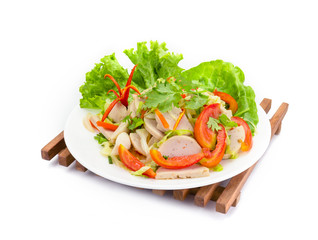 Thai cuisine spicy pork salad on white background or Yum Moo Yor,Spicy Vietnamese Sausage