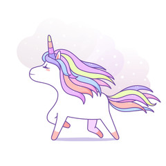 Kawaii magical unicorn running pastel color, happy cartoon vector