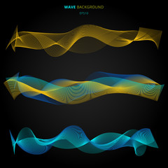 Abstract blue and yellow smooth waves lines elements on black background.