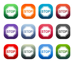 Stop sign icon shiny square buttons set illustration design