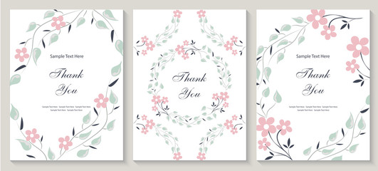 Fototapeta na wymiar Flower vector card. Template. Thank you. Blank wedding invitation, greeting card, banner. Flowers, leafs, pink rose. Decorative frame. Set.