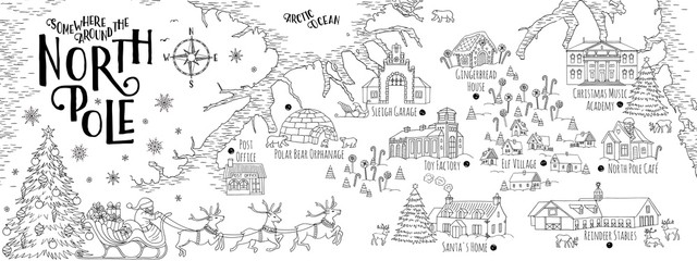 Fantasy map of the North Pole, showing the home and toy factory of Santa Claus, reindeer stables, elf village etc. - vintage Christmas greeting card template - 297525952