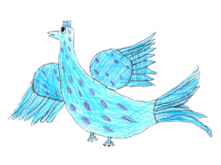 Children's drawing of a bird. Colour pencils. Illustration for textiles, banners, advertising.