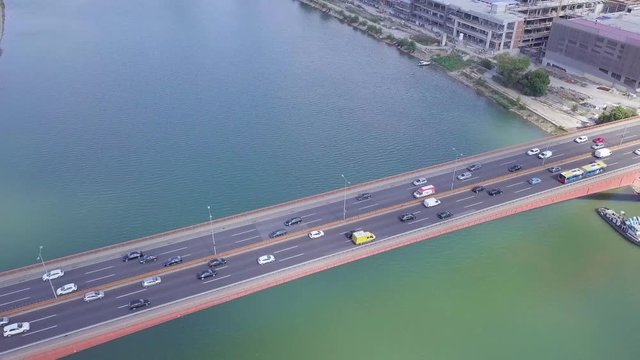 Beautiful slow establishing aerial 4k shot of Gazela bridge and Waterfront, Belgrade