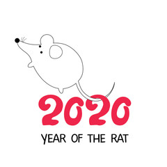 Year Of The Rat 2020. Chinese New Year eve. Cartoon cute rat. White mouse on white background and numbers 2020. Holiday greeting card. animal zodiac sign. Flat vector illustration. Icon or logo.