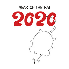 Year Of The Rat 2020. Chinese New Year eve. Cartoon cute rat hangs on the numbers 2020. White mouse on white background. Holiday greeting card. animal zodiac sign. Flat vector illustration. Icon, logo