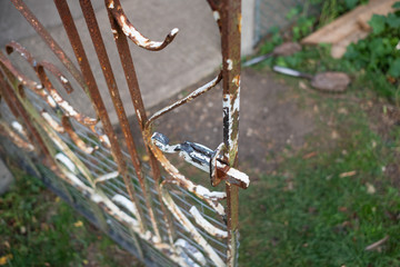 Shallow focus view of a wrought iron gate used to enter part of a garden. Paint is seen peeling and rusting is apparent on the opened metal gate during autumn.