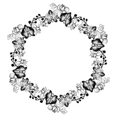 Black and white circle wreath of hand drawn flowers orchids.