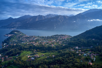 Fototapeta premium Panoramic view of Lake Como, the city of Bellagio. Aerial view. Autumn season