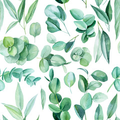 beautiful watercolor illustration, green leaves of eucalyptus, seamless pattern