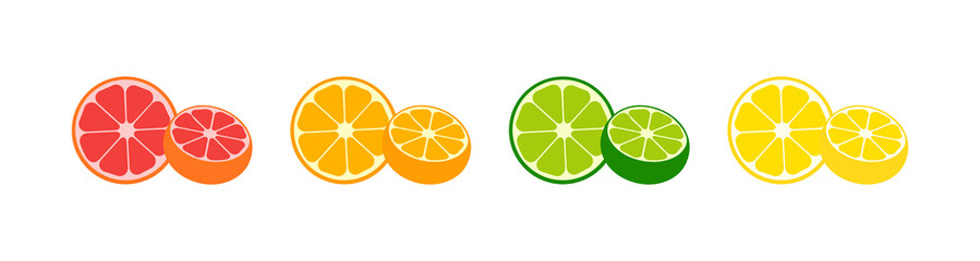 Fresh Citrus Fruits vector icons collection. Fresh Citrus Fruits in modern simple flat design. Fresh Citrus Fruits slices of grapefruit, orange, lime and lemon isolated on white background. Vector