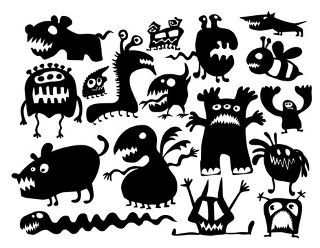 A set of silhouettes of monsters. Vector illustration