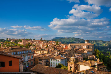 View of the beautiful Perugia medieval historic center at sunset