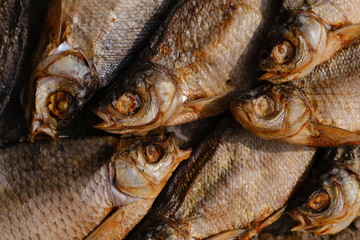 conceptual flat background of dried fish. vobla