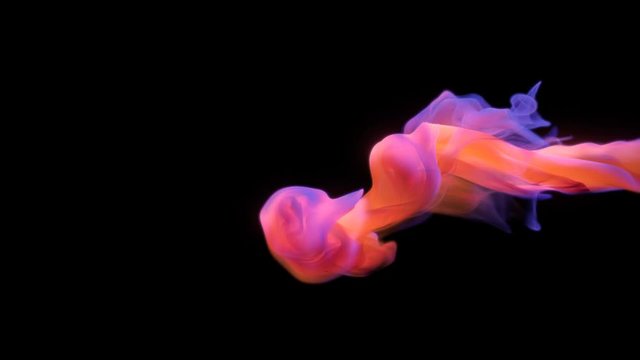Orange purple color paint ink drops in water slow motion art background with copy space. Inky cloud swirling flowing underwater. Abstract smoke fluid  liquid animation isolated on black alpha channel