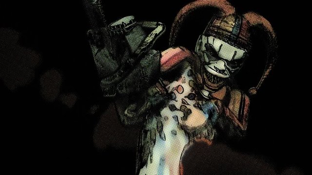 Funny seamless animation of a hand drawn horror clown with a chainsaw. Halloween background of a terror character cartoon style