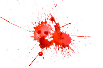 closeup drops of red blood isolated on white background,abstract pattern