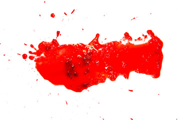 closeup drops of red blood isolated on white background,abstract pattern