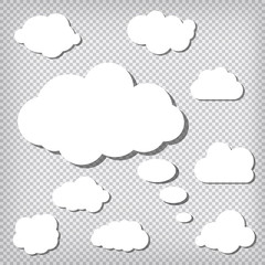 White paper thought bubbles set on chequered background. Cloud speech frame icon. Think balloon silhouette design. Vector illustration.