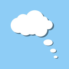 White paper thought bubble on blue background. Cloud speech frame icon. Think balloon silhouette design. Vector illustration.