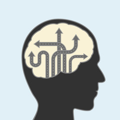 Tangled roads with arrows in a human head