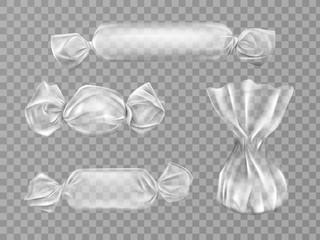 Transparent candy wrappers set isolated on grey background. Limpid blank package for lollipops, chocolate and truffle sweets. production design elements. Realistic 3d vector illustration, clip art