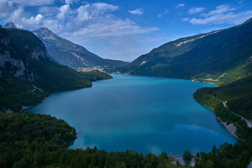 Panoramic view of the lake Molveno north of Italy. Trento region. Great trip to the lake in the Alps. Aerial photography