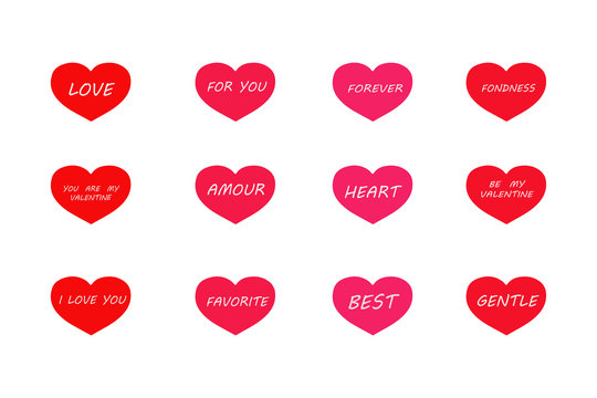  Isolated pink and red hearts with inscriptions for Valentine's Day on a white background. vector. illustration