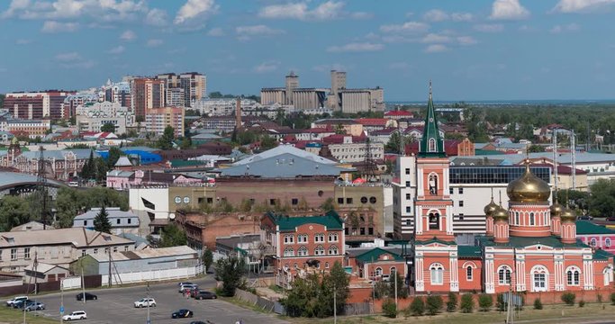 Timelapse of the city Barnaul view of the city and church, Altai, Russia.