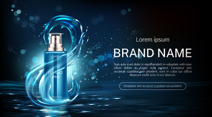 Cosmetics bottle anti aging product tube with infinity water splash sign mock up banner. Beauty cosmetic package on sea surface background. Night moisturize spray. Realistic 3d vector illustration