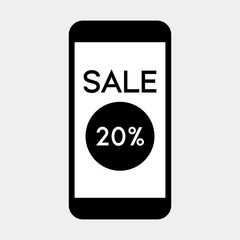 Mobile phone with Sale 20 percent icon on screen,vector.