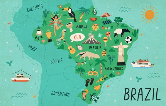 Brazil map hand drawn vector illustration. South America country cultural symbols, tourist attractions. Fauna and flora, national landmarks and travel destinations. Brazil creative educational poster.