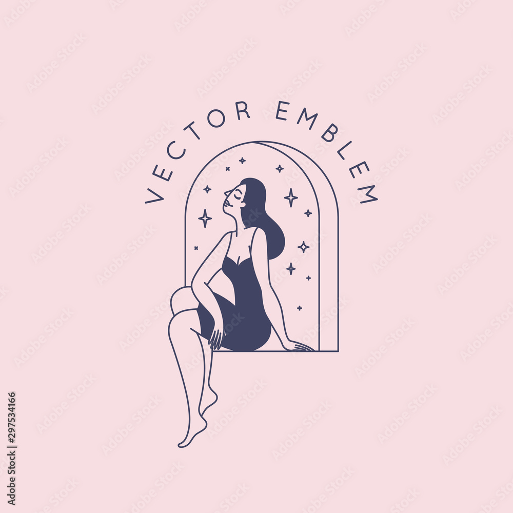 Aufkleber beautiful female figure. vector logo design template and illustration in simple minimal linear style