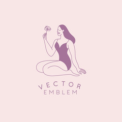 Beautiful female figure. Vector logo design template and illustration in simple minimal linear style - body positive emblem, abstract badge for lingerie designer