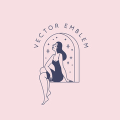Beautiful female figure. Vector logo design template and illustration in simple minimal linear style - body positive emblem, abstract badge for lingerie designer
