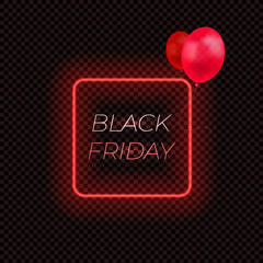 Vector Black Friday Neon Frame with Red Balloons, Isolated.