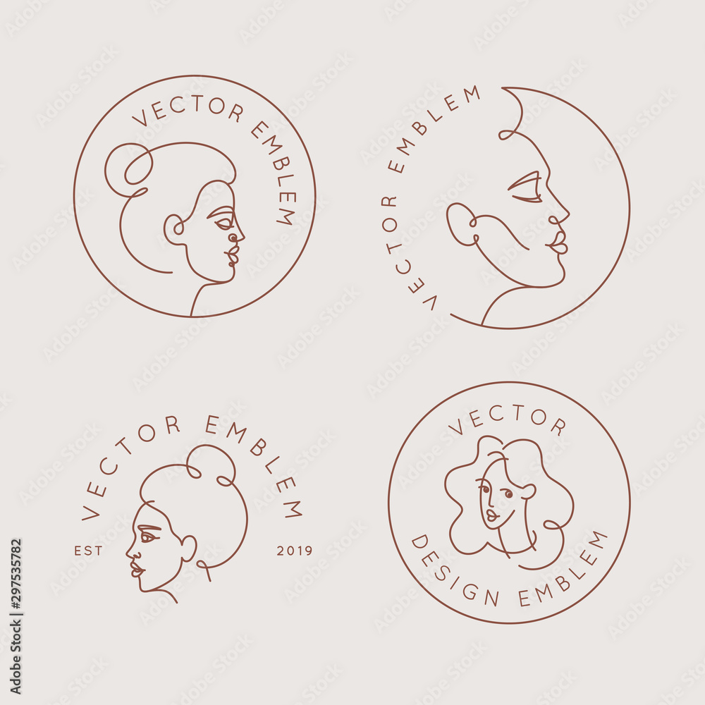 Poster vector logo design template and illustration in minimal linear style - minimalistic female portrait