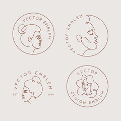Vector logo design template and illustration in minimal linear style - minimalistic female portrait