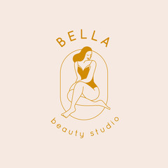 Fototapeta na wymiar Beautiful female figure. Vector logo design template and illustration in simple minimal linear style - body positive emblem, abstract badge for lingerie designer