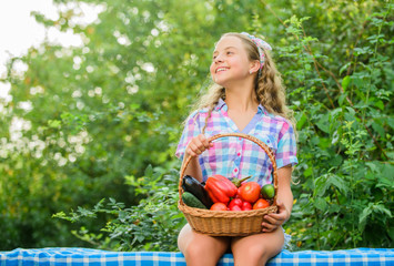 New food. healthy food for children. kid on summer farm. Organic food. little girl vegetable in basket. Only natural. happy little farmer. autumn harvest. harvest vitamin. spring market garden