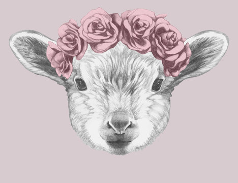 Portrait of Lamb with floral head wreath. Hand drawn illustration. Vector isolated elements.
