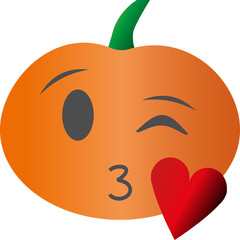 Illustration. Emoji pumpkin kiss with a heart and a wink.