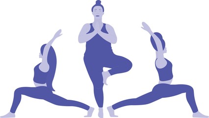 One woman is stretches her shoulders and back standing on one leg in Tree Pose Vrksasana Asana, two girls stretches in yoga warrior pose  Virabhadrasana Asana